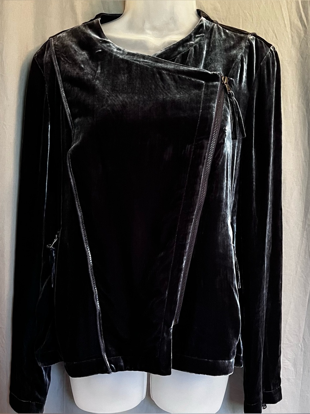 Go By Go Silk Charcoal Gray Silk-Blend Velvet Asymmetric Moto Jacket - Size Medi